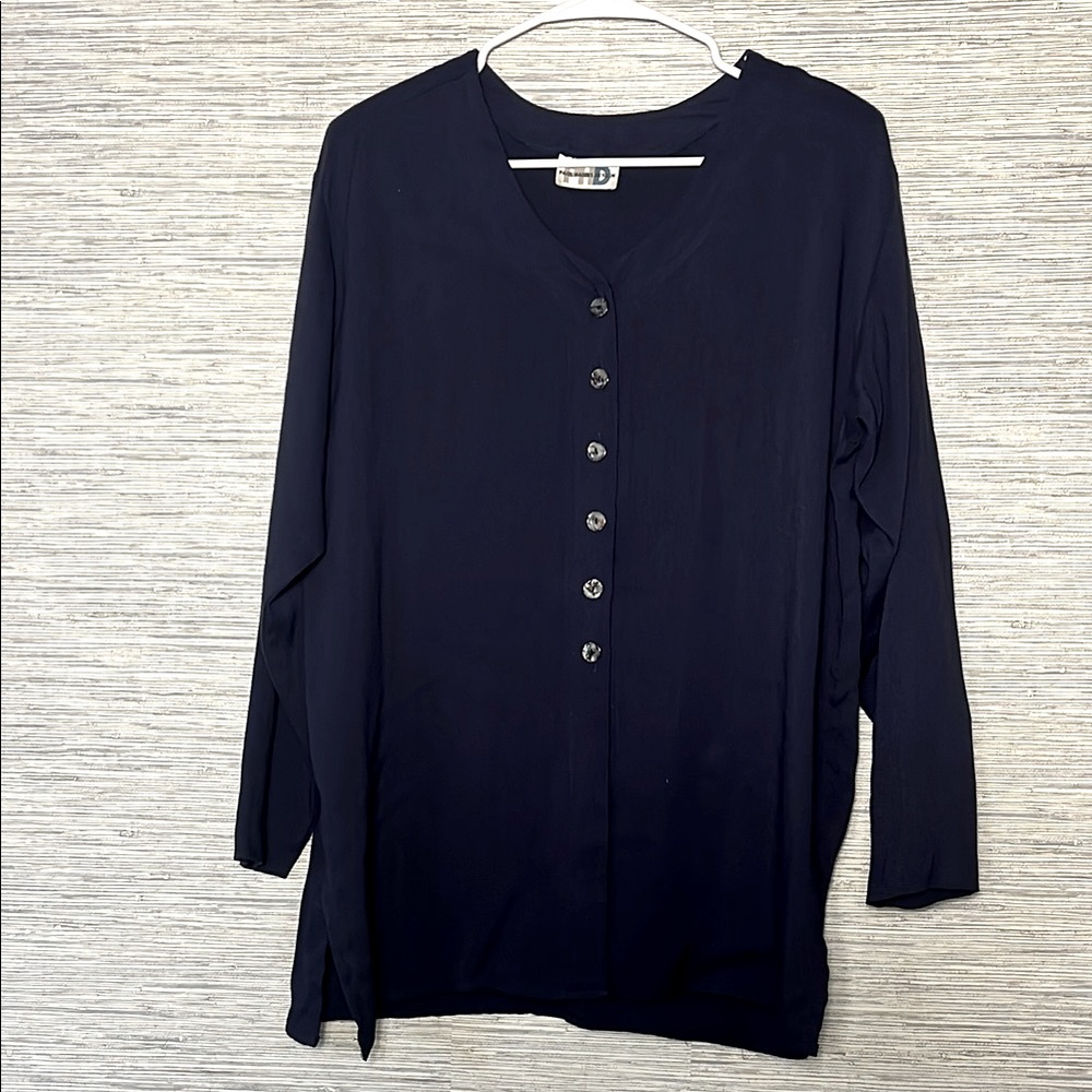 Paul Harris Navy Mesh Button-Up Top – Lightweight Vintage Blouse Size S (641)